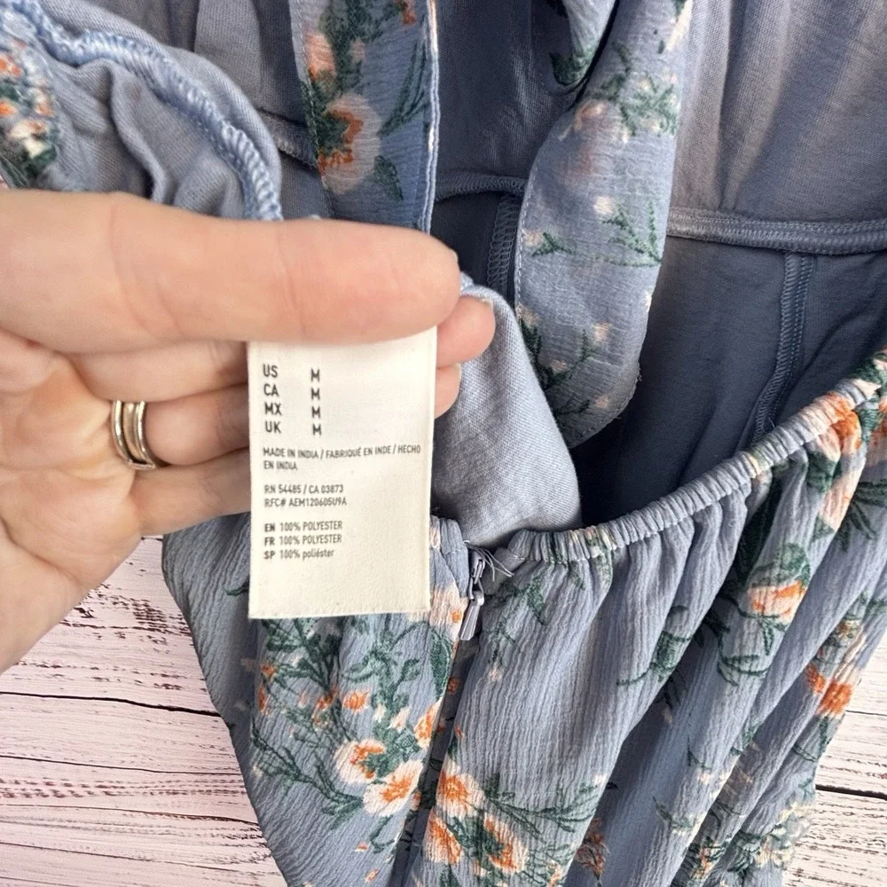American Eagle Chiffon Romper M Blue Floral Feminine Romantic Open Back Cottage
